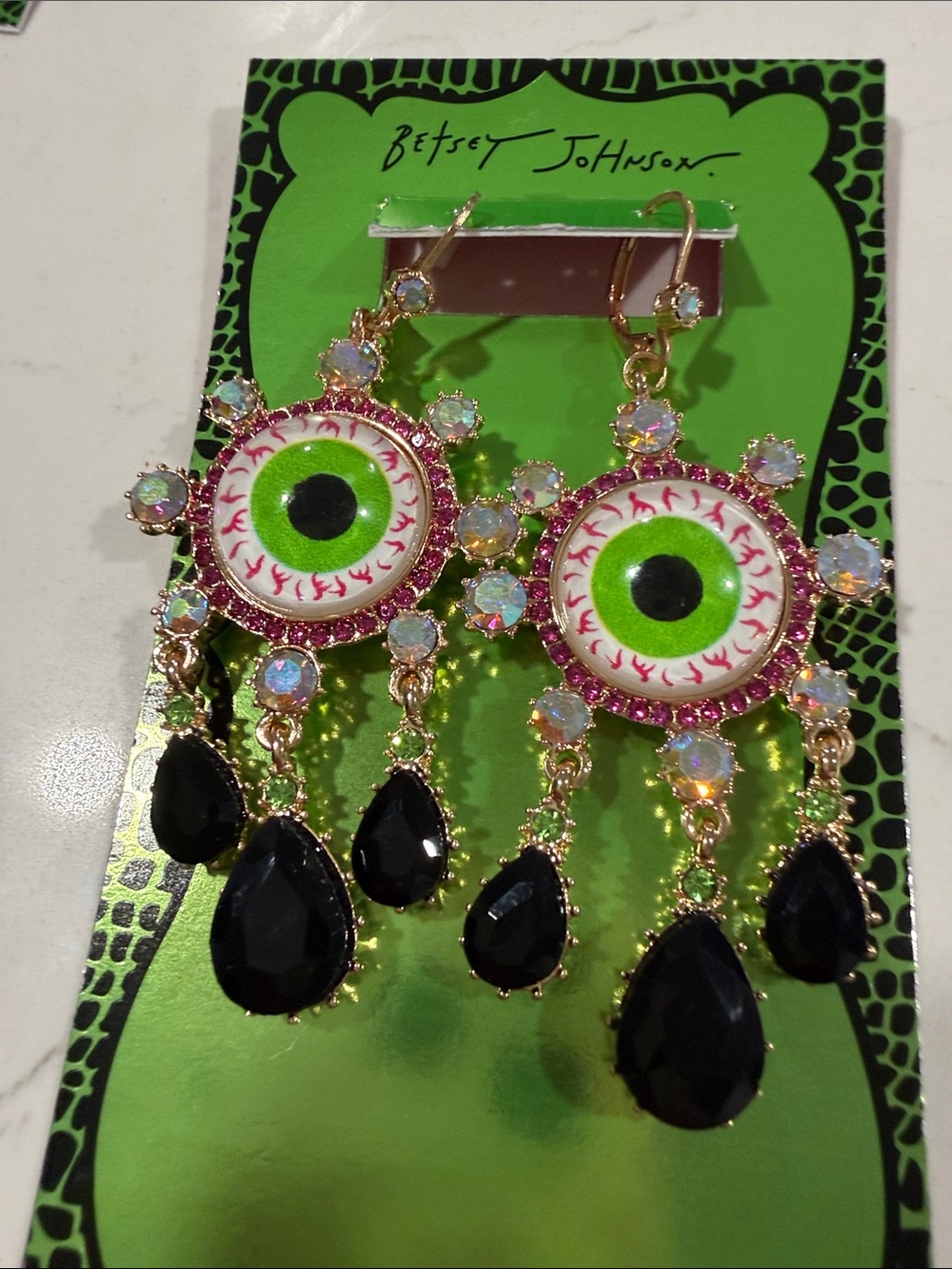 Betsey Johnson Neon Green Eyeball Chandelier Earrings with Black Drops